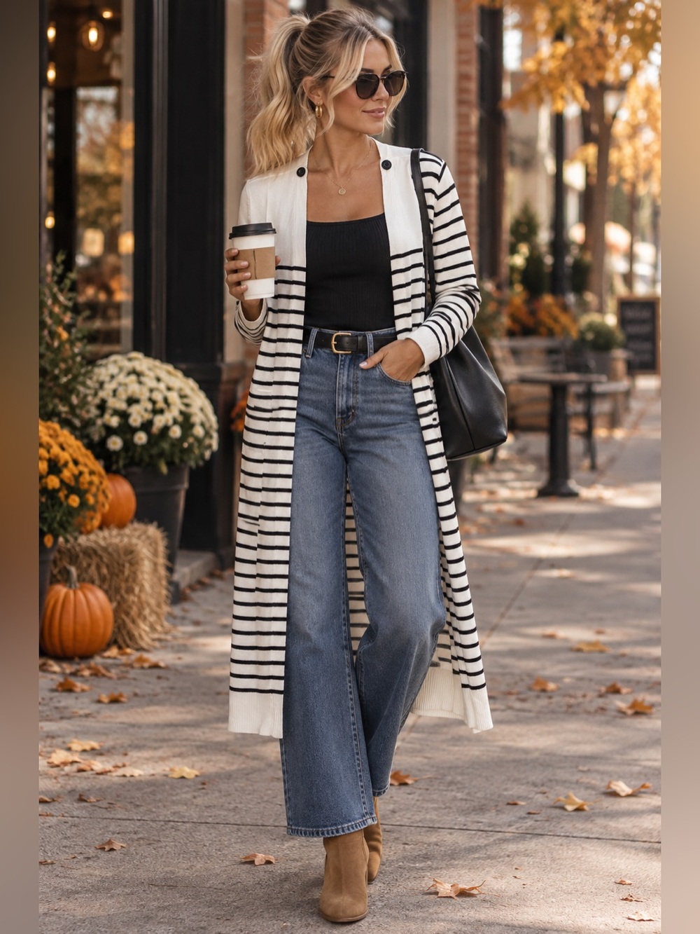 Cabi Long Striped Duster Cardigan Navy & White Size Small